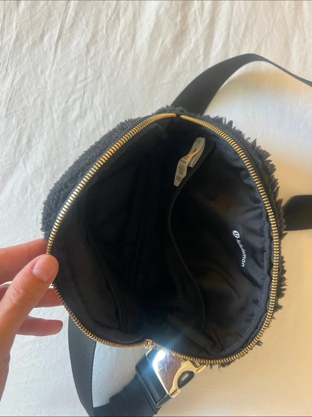 lululemon athletica Black fuzzy Crossbody Belt Bag with gold Hardware